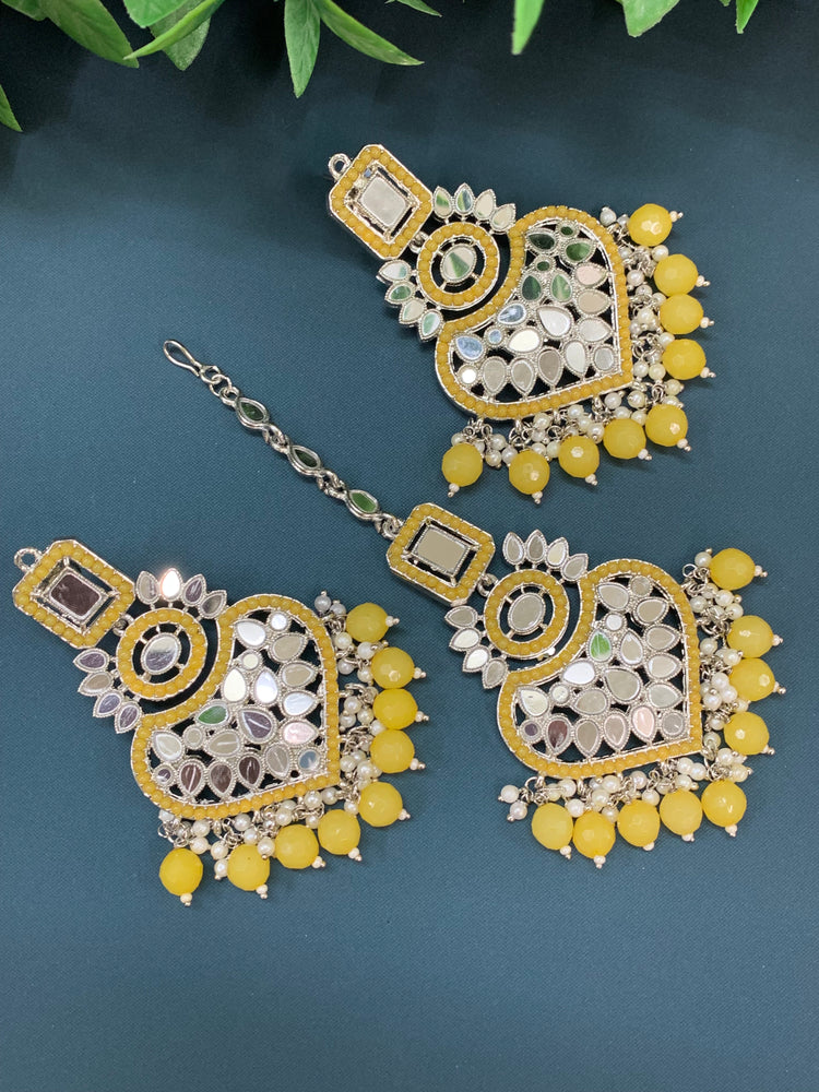 Amrita chandbali mirror earring tikka set pastel yellow