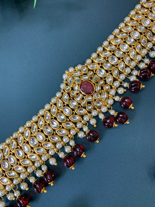 Tessa kundan choker set with matching chandbali and  tikka maroon/ burgundy