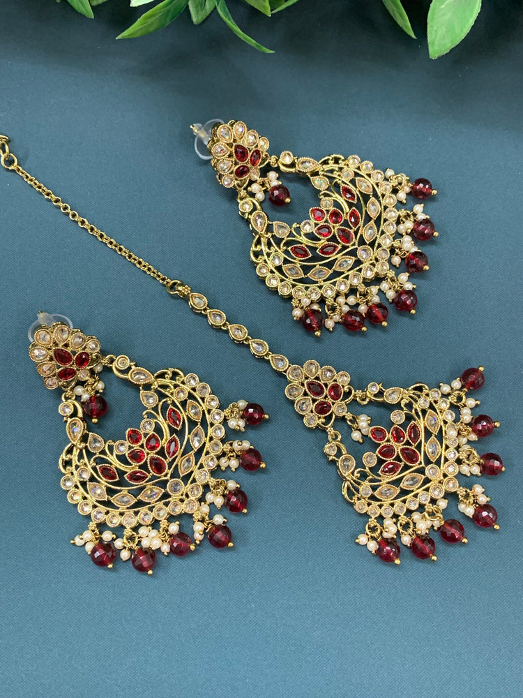 Raina reverse polki earring tikka set with pearl and maroon glass drop