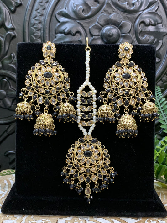 Kiana polki triple jhumki Chandbali style earring with matching tikka black