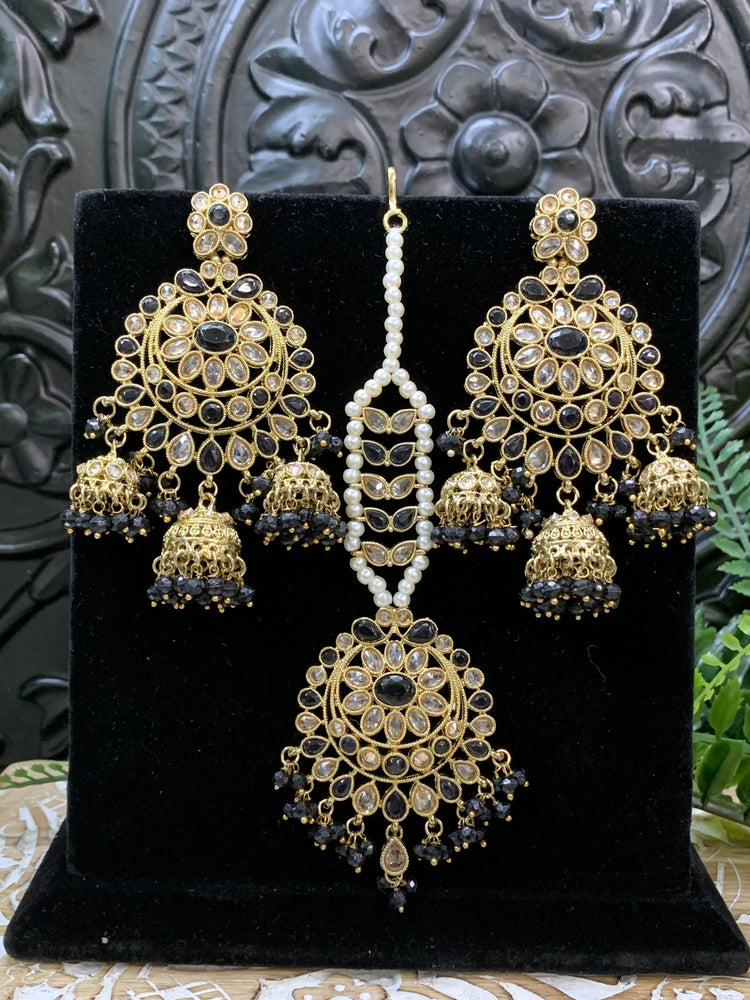 Kiana polki triple jhumki Chandbali style earring with matching tikka black