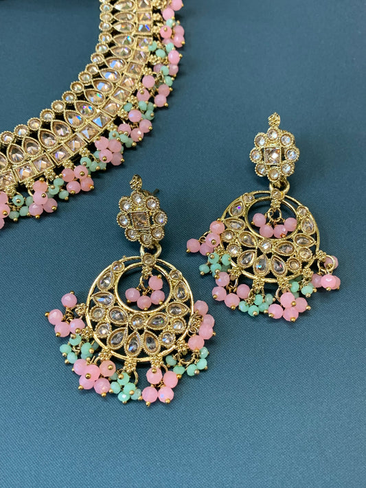 Rashmeet polki necklace with matching earring tikka antique gold pastel multi