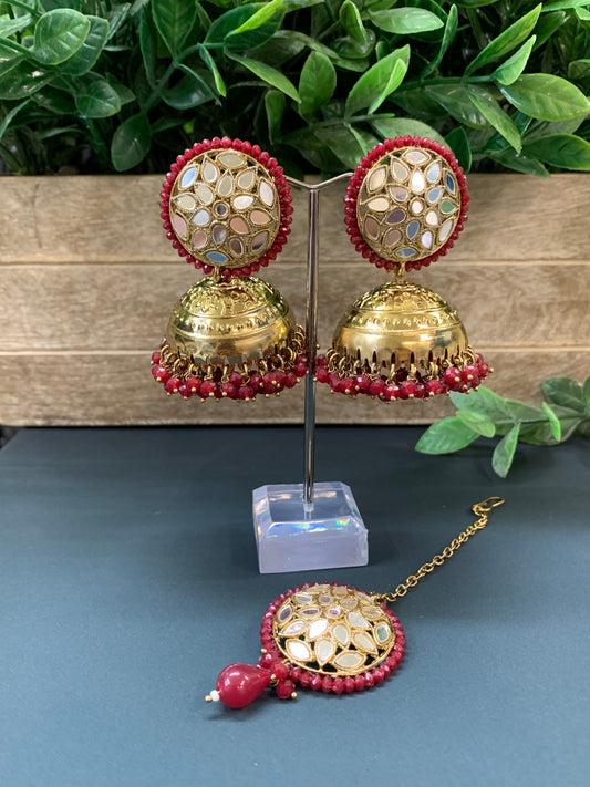 Kerry mirror jhumki tikka antique gold /red