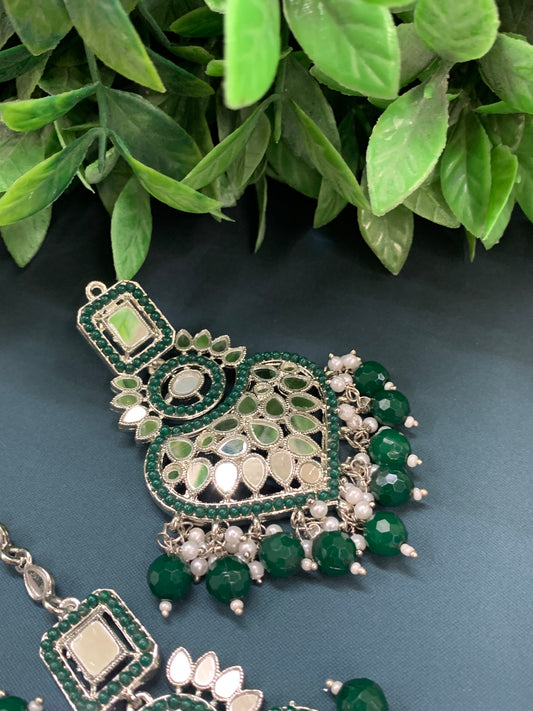 Amrita chandbali mirror earring tikka set emerald green