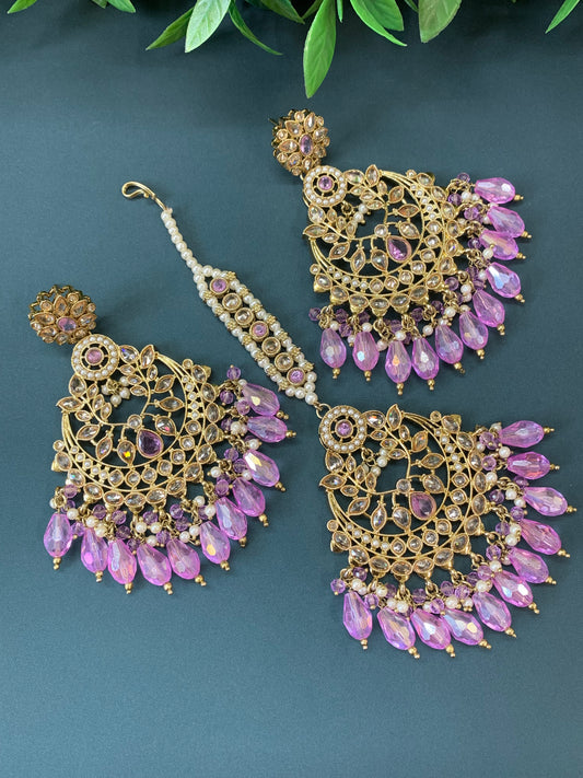 Bulbul polki statement earring tikka set antique gold/lavender / lilac