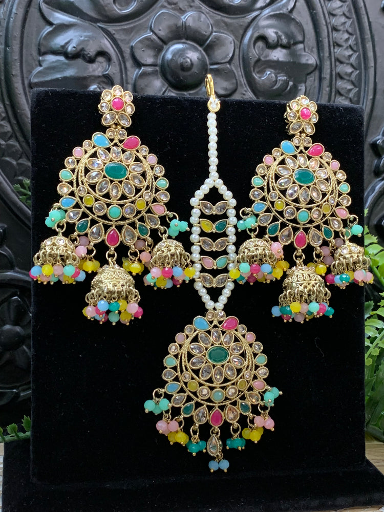 Kiana polki triple jhumki Chandbali style earring with matching tikka multi