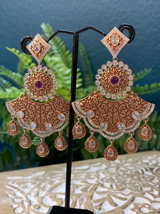 Iline Kundan meena chandbali earring brick red