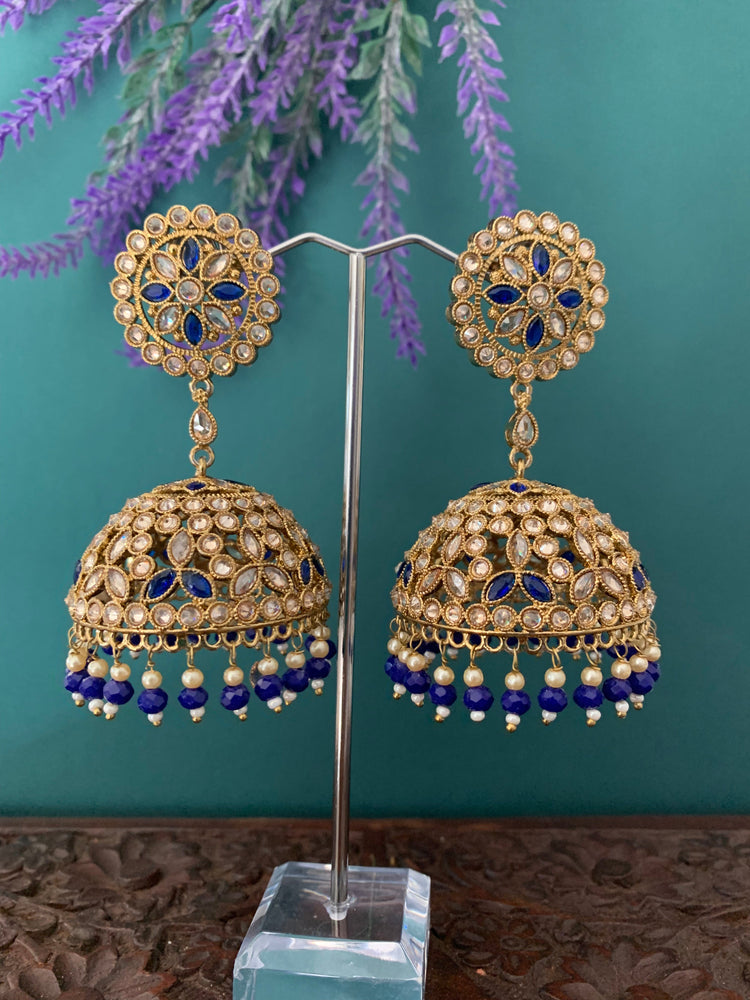 Rashi polki statement jhumki earring antique polki/ white pearl/navy blue