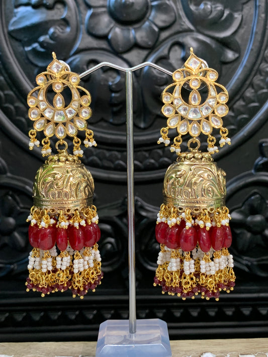 Bella moissanite kundan jhumki earring maroon red