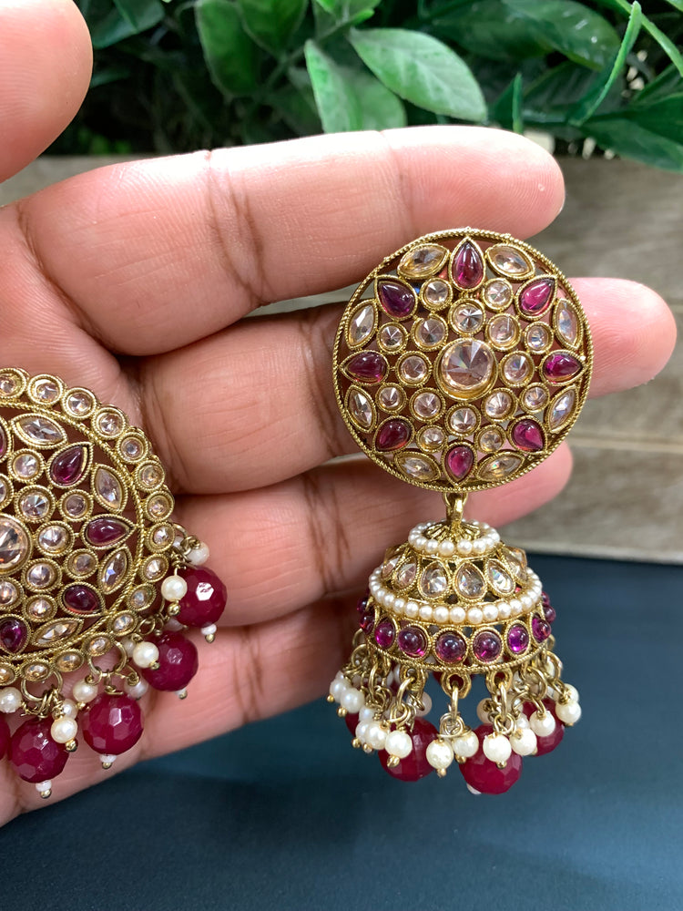 Lori Antique polki gold jhumki tikka multi maroon black red/ burgundy