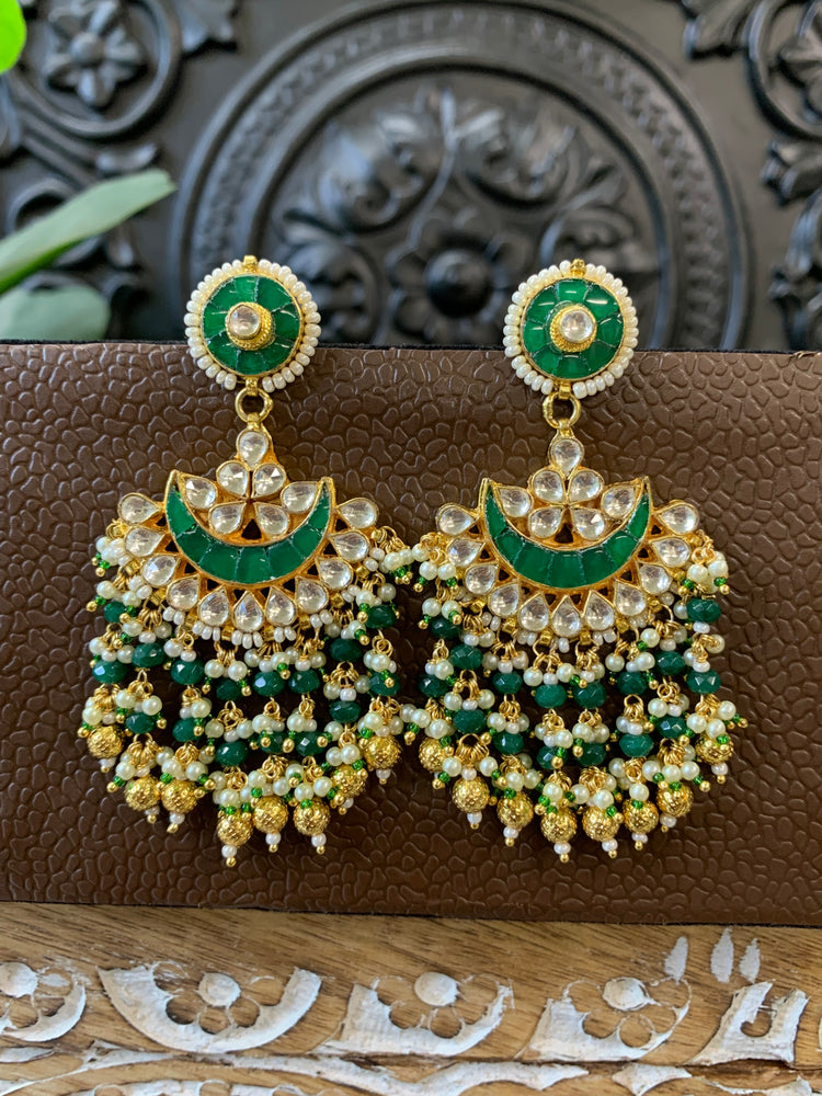 Leslie pachi Kundan chandbali earring small to medium size emerald green