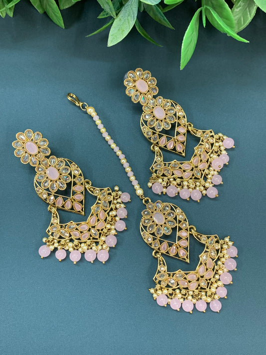 Max tikka set polki earring tikka antique gold / pearl / blush pink