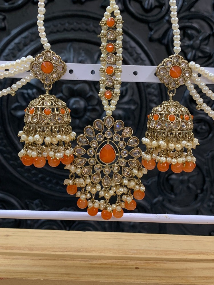 Shana triple layer bahubali sahare jhumki ear chain and matching tikka antique gold /orange/fanta orange