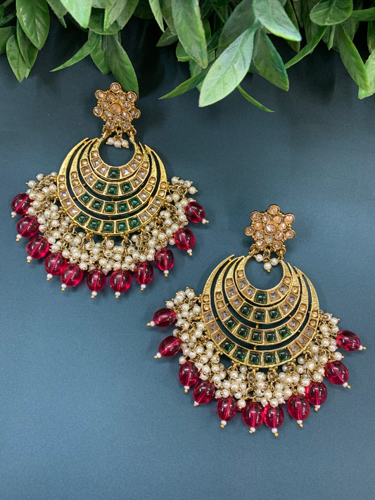 Bloom polki chandbali earring antique/ emerald green/ red