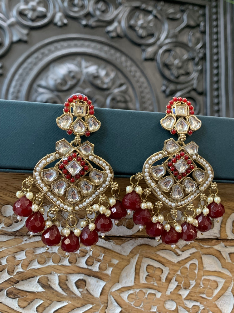 Dipti small to medium kundan earring gold red maroon burgundy