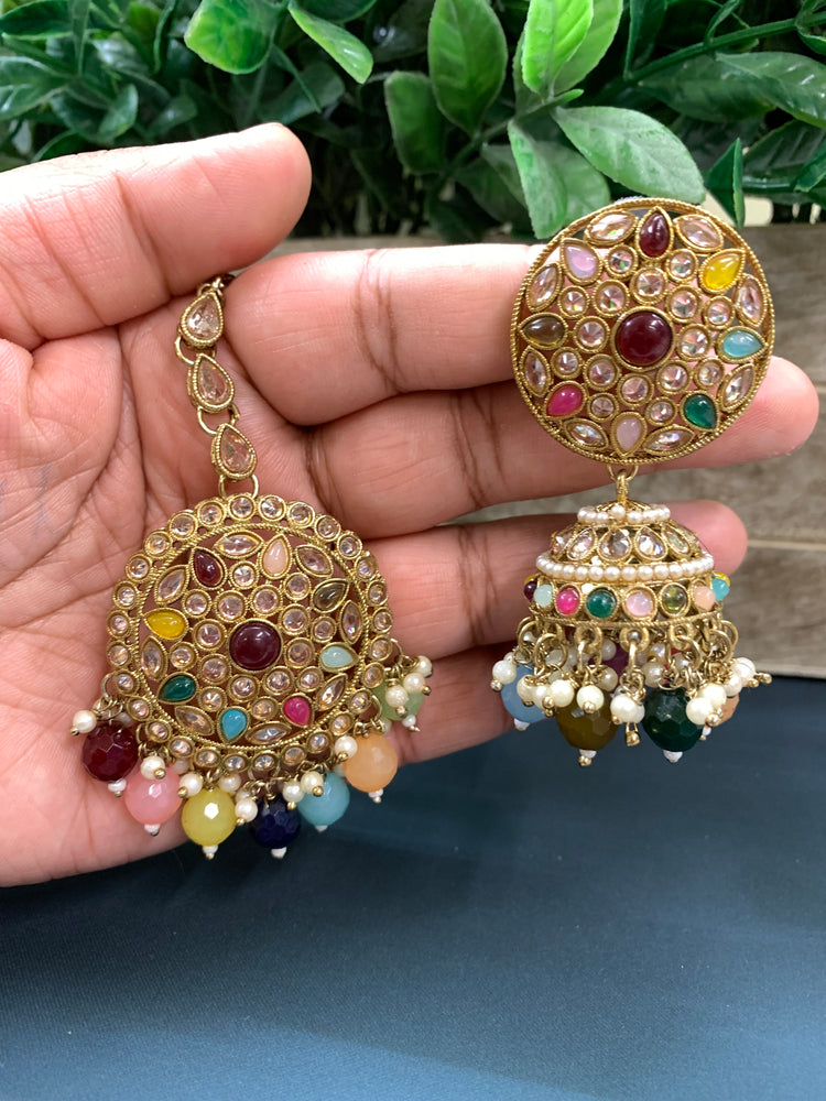 Lori Antique polki gold jhumki tikka multi