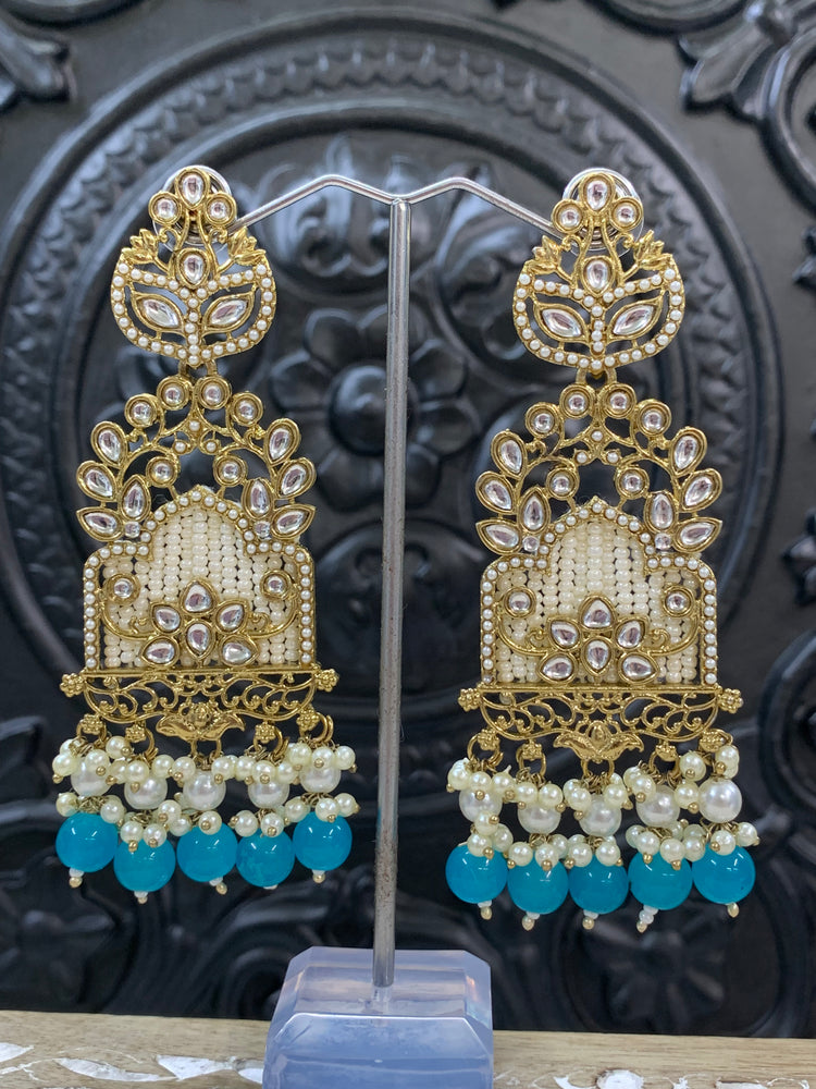 Alexa kundan statement earring white/gold/pearl/ phiroza blue