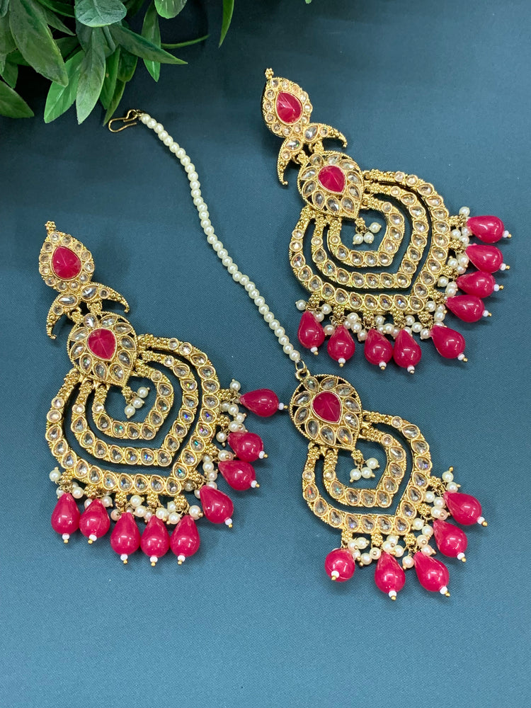 Tara polki Chandbali earring with matching tikka magenta hot pink