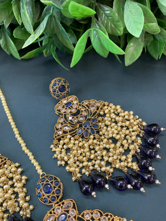 Cara statement polki earring tikka set pearl details and navy blue