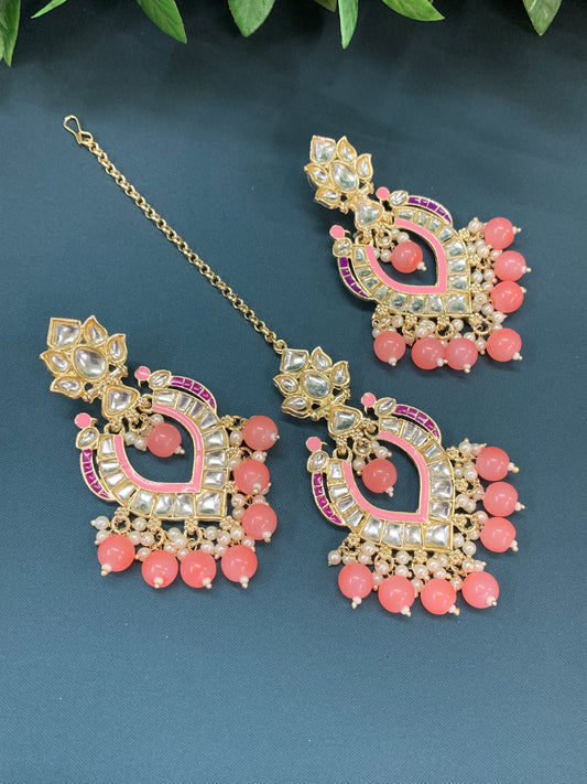 Amber kundan light weight earring tikka set grapefruit pink