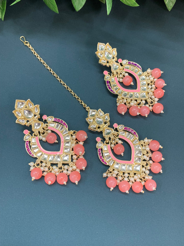 Amber kundan light weight earring tikka set grapefruit pink