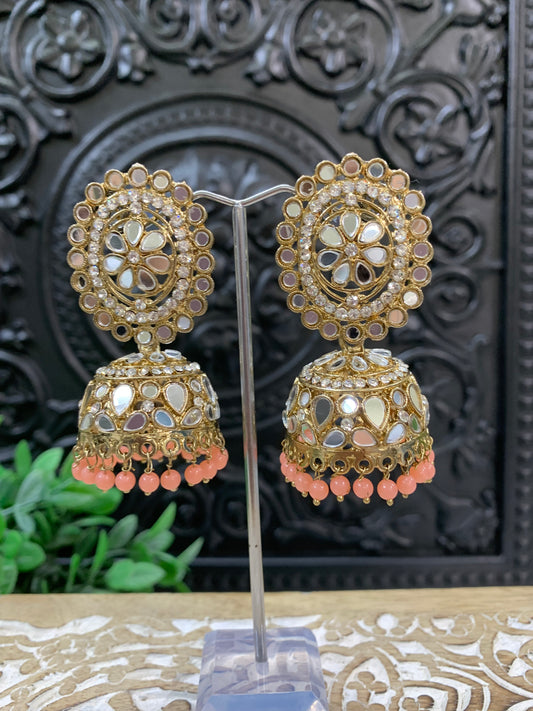 Kate mirror jhumki tikka antique gold and grapefruit pink