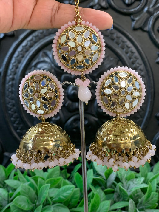 Kerry mirror jhumki tikka antique gold and blush pink