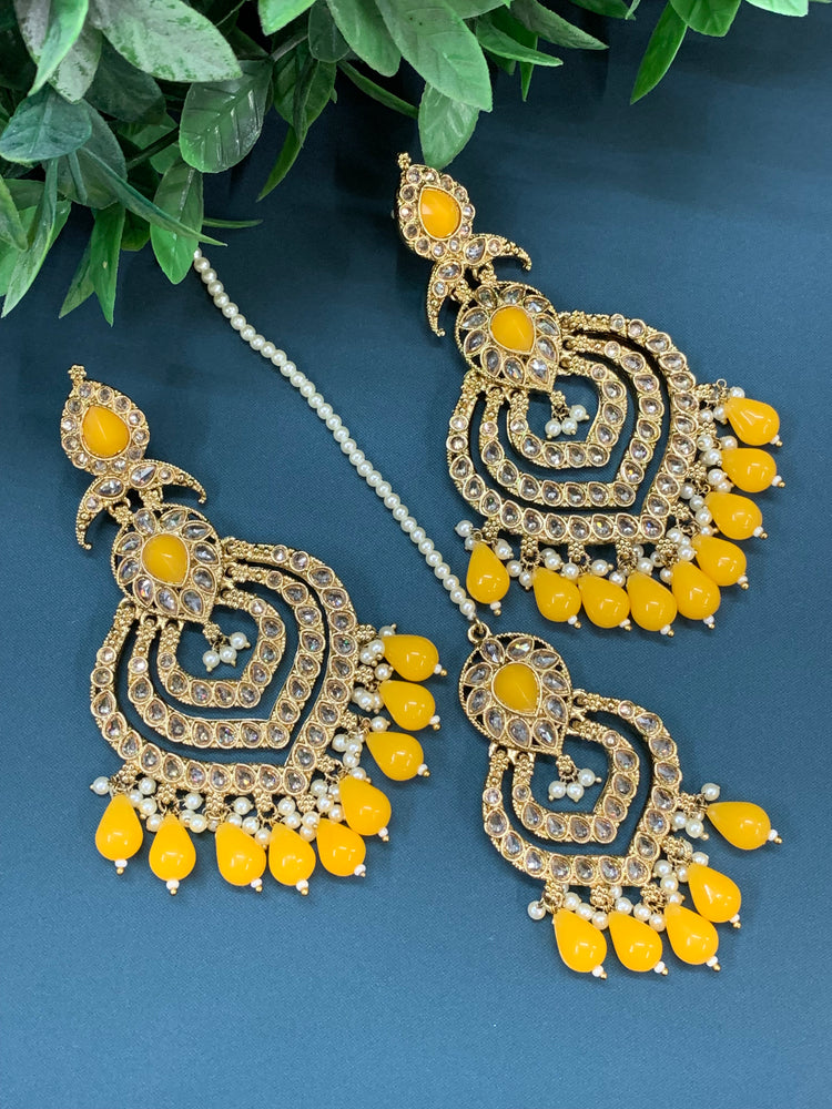 Tara polki Chandbali earring with matching tikka mustard yellow