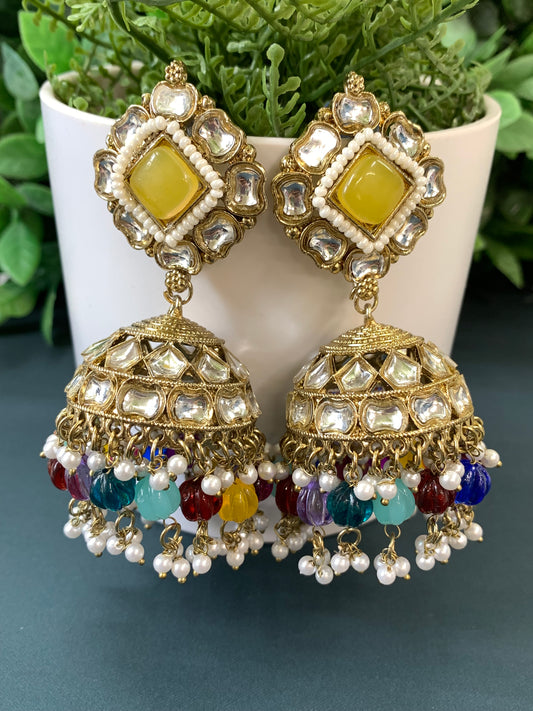 Gauri kundan jhumki/ jhumka earring pastel yellow / multi