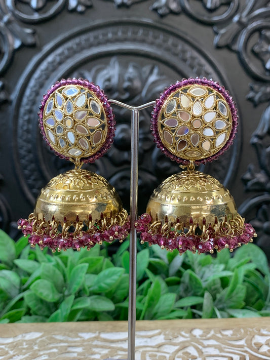 Kerry mirror jhumki tikka antique gold /wine red