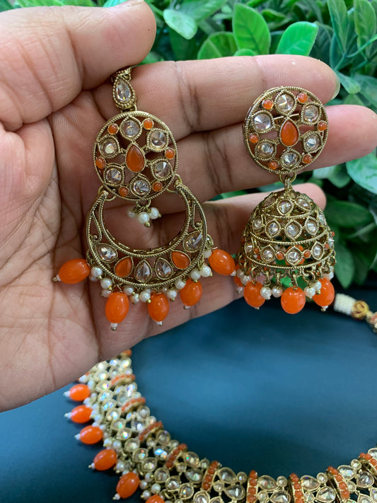 Allan polki necklace with jhumki tikka orange / Fanta orange