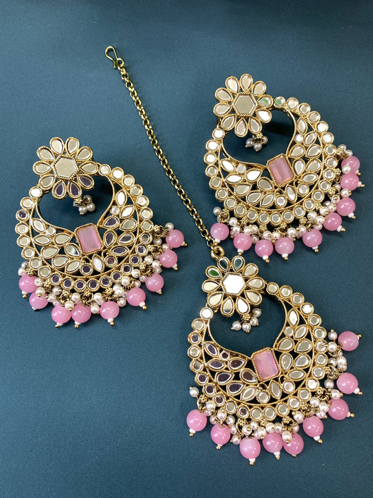 Judy chandbali mirror Tikka set pink