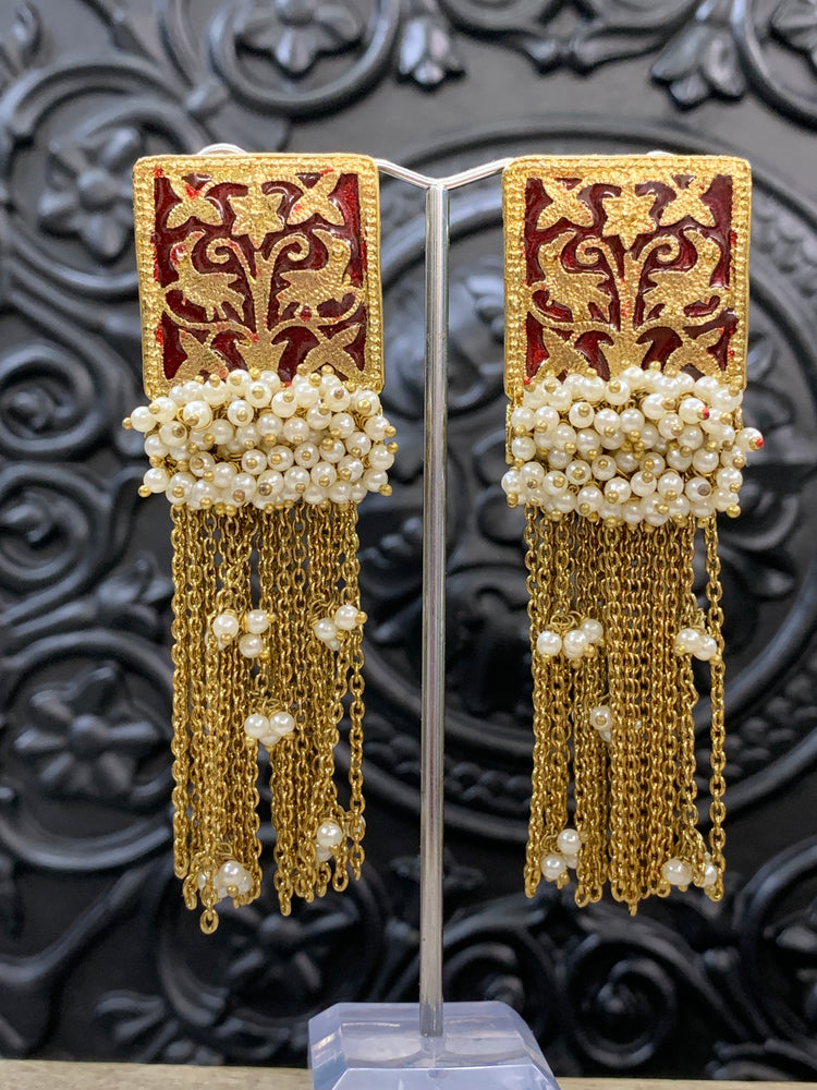 Arora Meena earring antique gold  maroon red