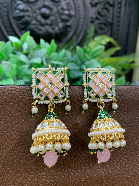 Saru kundan jhumki everyday wear small lightweight light pink