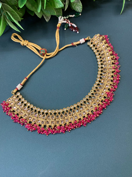 Rashmeet polki necklace with matching earring tikka hot pink magenta