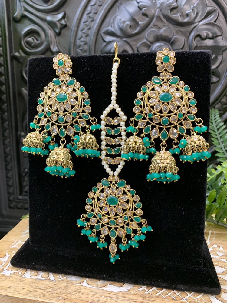 Kiana polki triple jhumki Chandbali style earring with matching tikka emerald green