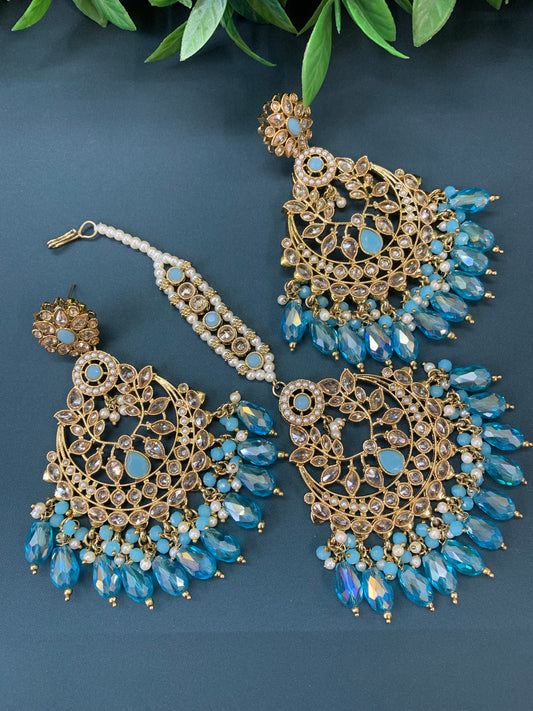 Bulbul polki statement earring tikka set antique gold/ crystal light blue