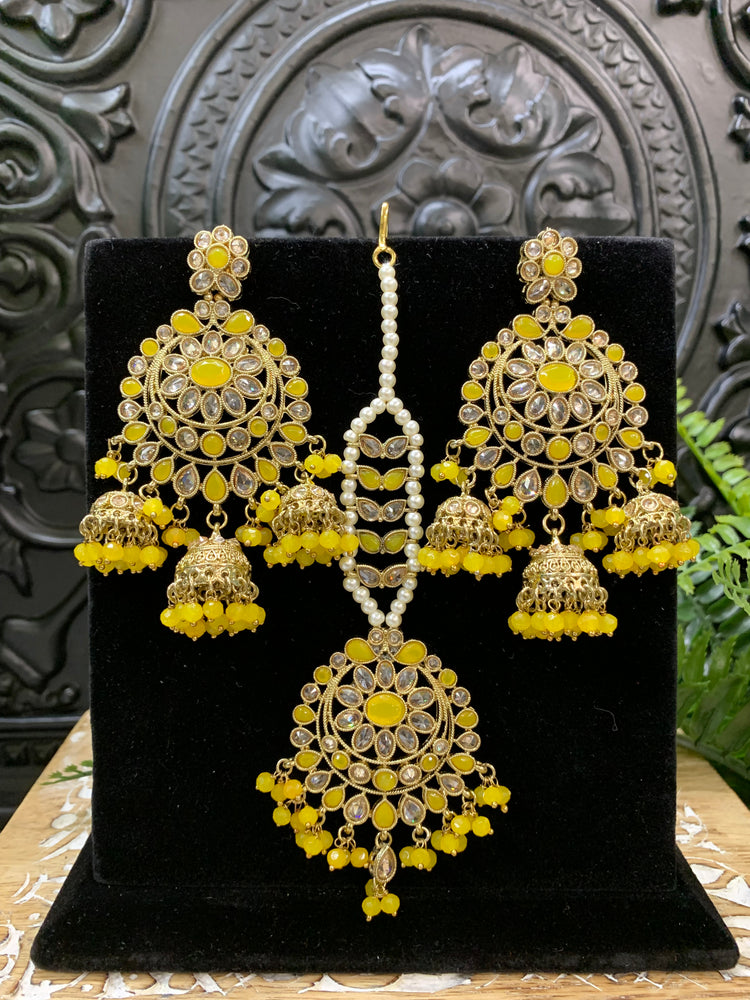 Kiana polki triple jhumki Chandbali style earring with matching tikka pastel yellow