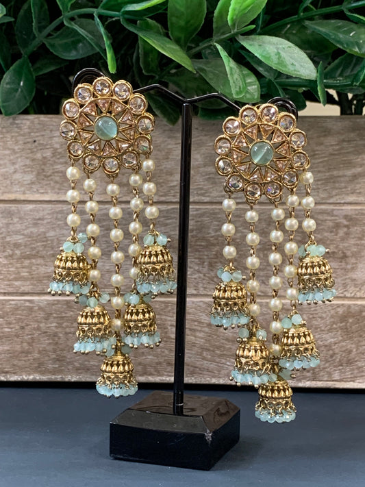 Kalpana polki jhumki earring antique polk/ gold /mint green