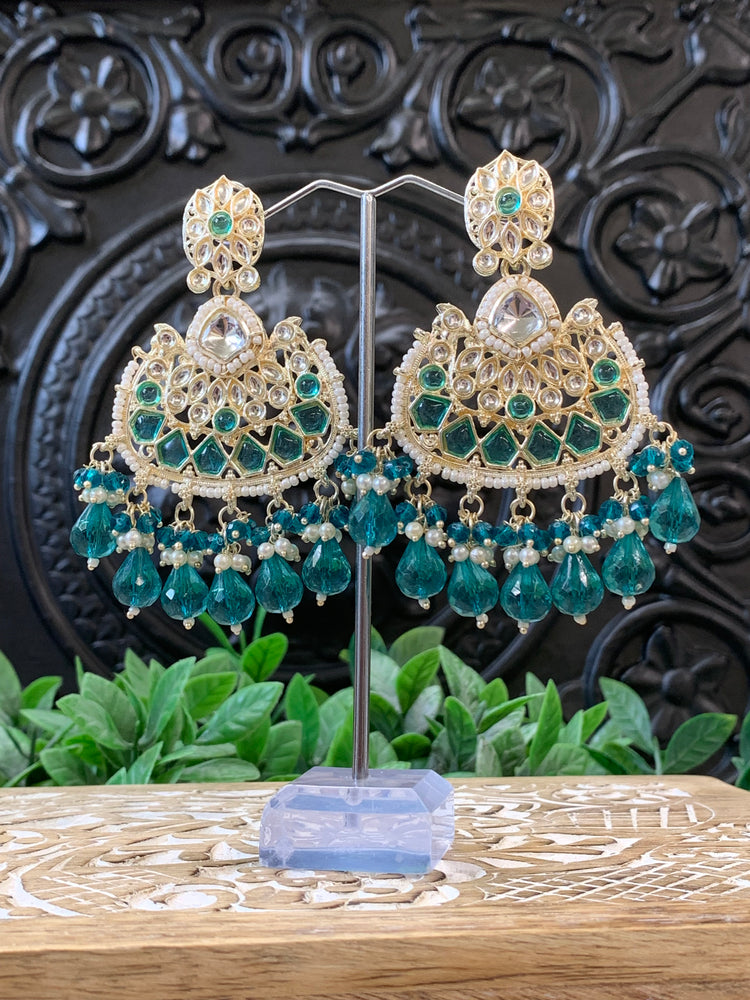 Berry kundan chandbali earring teal green