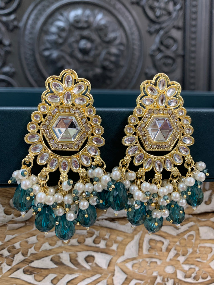 Jill gold kundan stud earring with crystal drops mint green