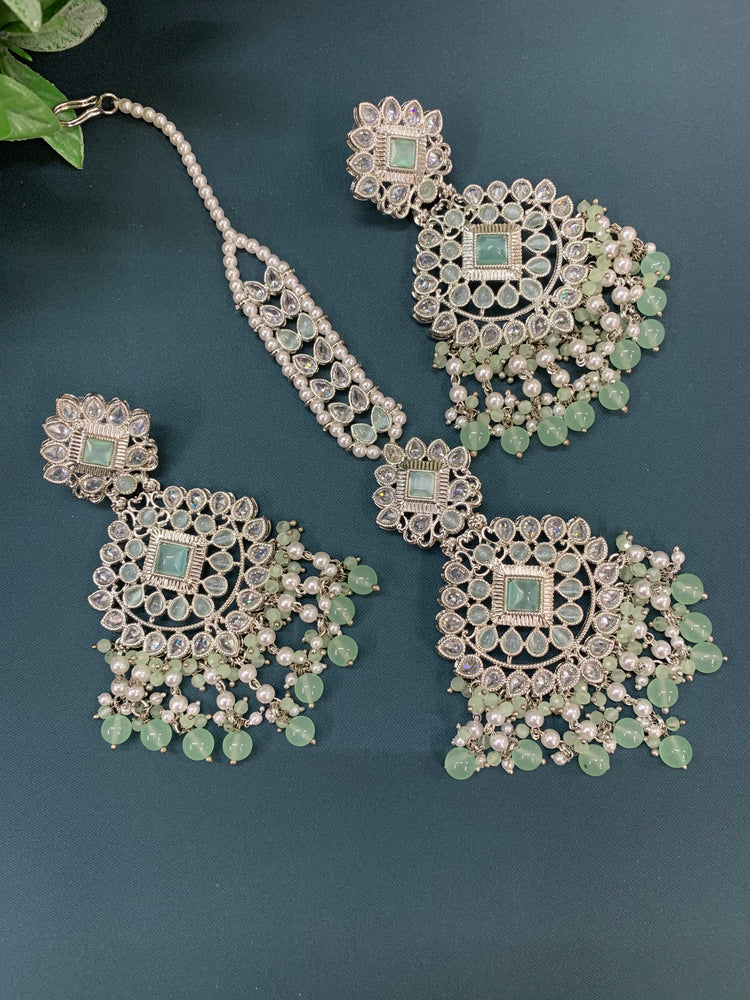 Sunita tikka set polki earring tikka set silver / pistachio