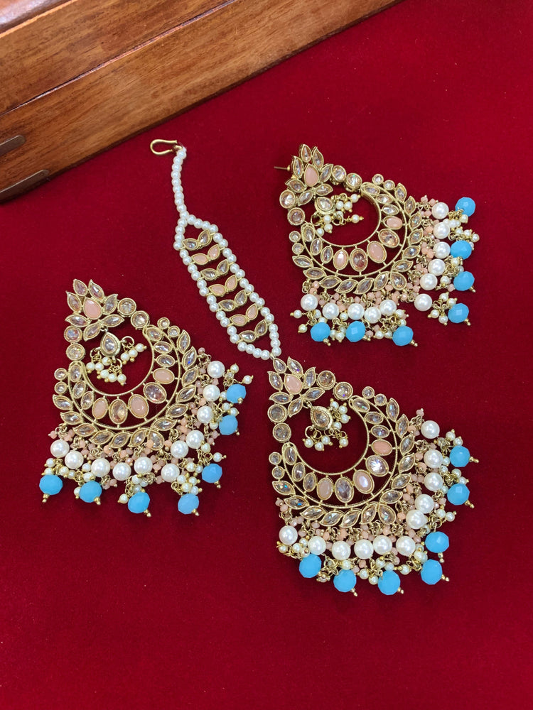 Ramsey reverse polki chandbali earring Tikka phirozi green/peach