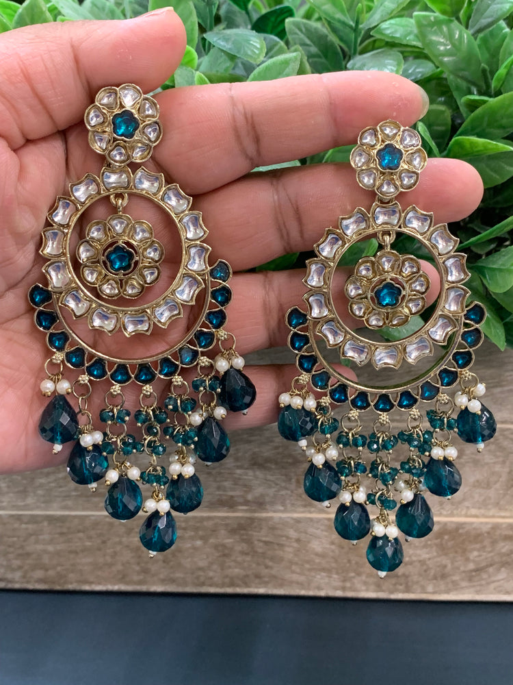 Barnavi Kundan earring peacock teal green crystal drops