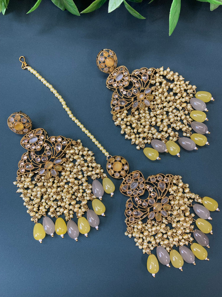 Cara statement polki earring tikka set pearl details and grey yellow multi