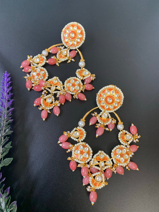 Sharaya Kundan statement earring coral orange