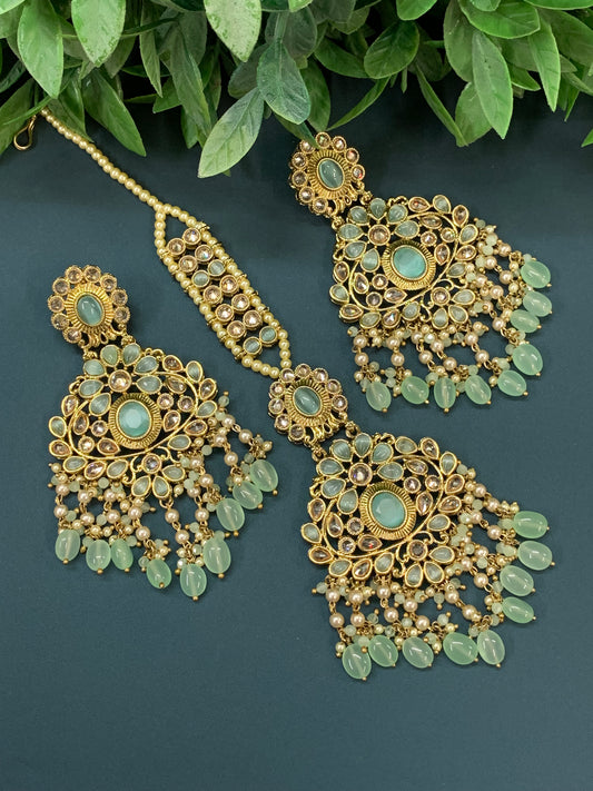 Ravi reverse polki earring tikka set with pearl and pistachio green glass drop