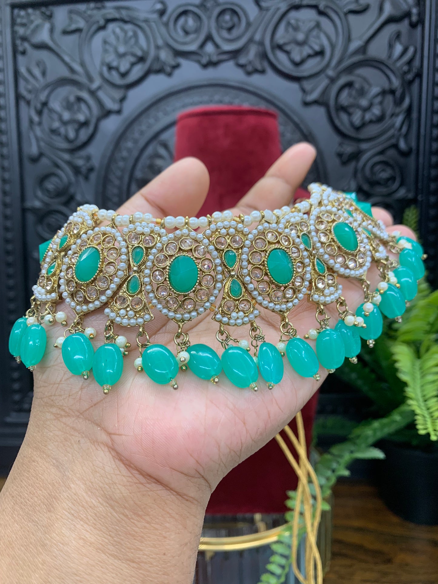 Polki choker necklace antique stone and white pearl turquoise beads