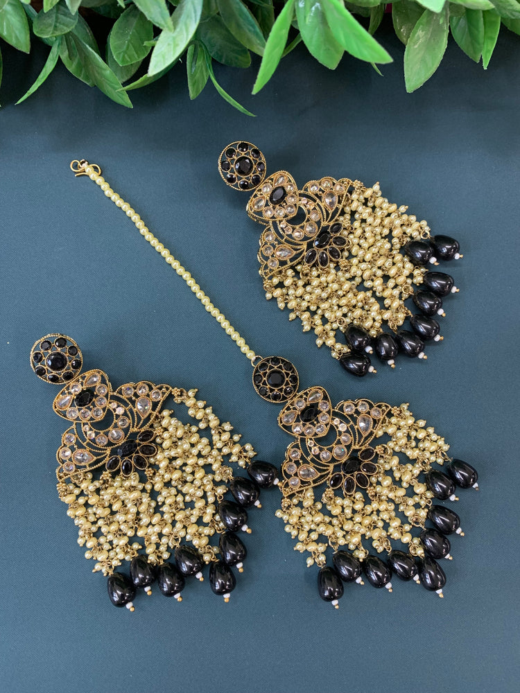 Cara statement polki earring tikka set pearl details and black