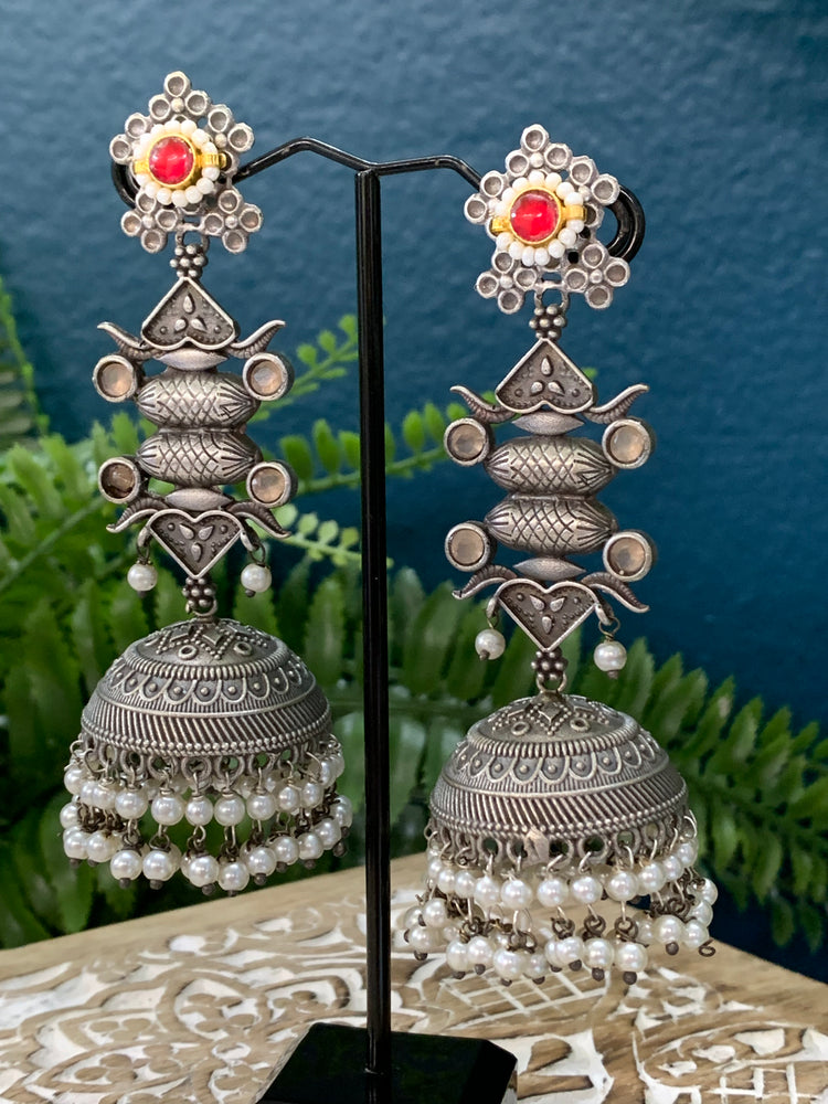 Silver replica statement  jhumki earring with pachi kundan details